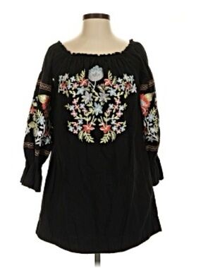 Free People black Fleur Du Jor Off Shoulder Boho Embroidered Mini Dress medium